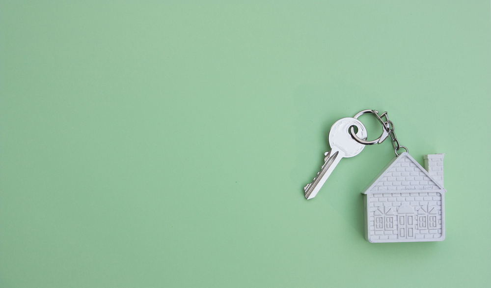 white key with a keychain in the form of a house on a light gree